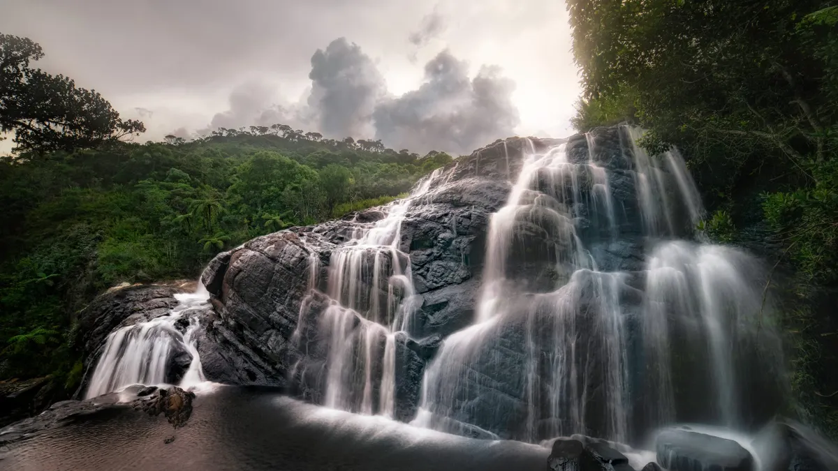 Baker’s Falls tumbling through cloud forest in Horton Plains National Park