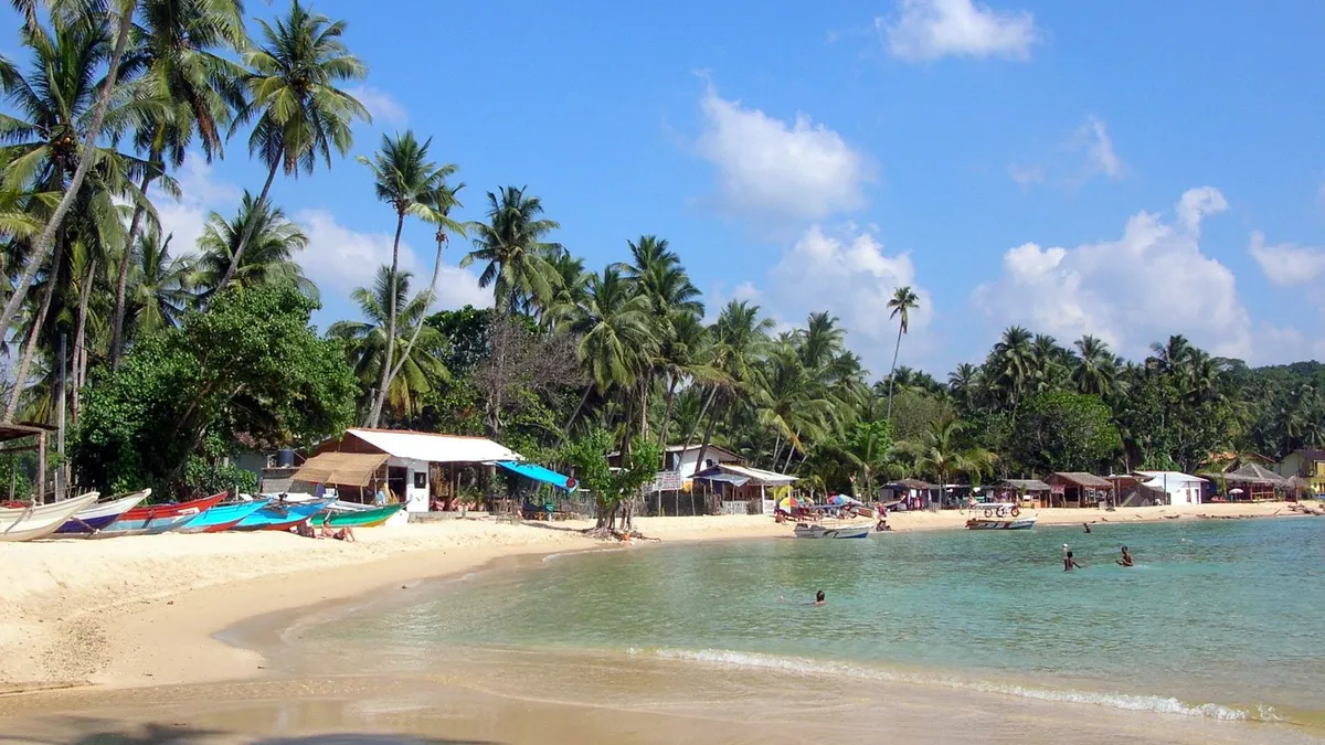 The sheltered swimming bay of Unawatuna fringed with palms